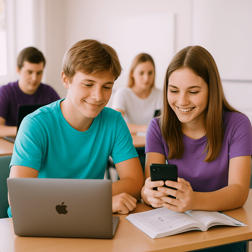 Учебная программа – ученики занимаются в классе с компьютерами и учебниками